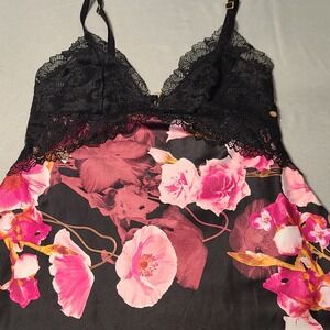 Sofia Intimates Nightgown Womens XS Black Pink Floral Lace Trim Satin Chemise